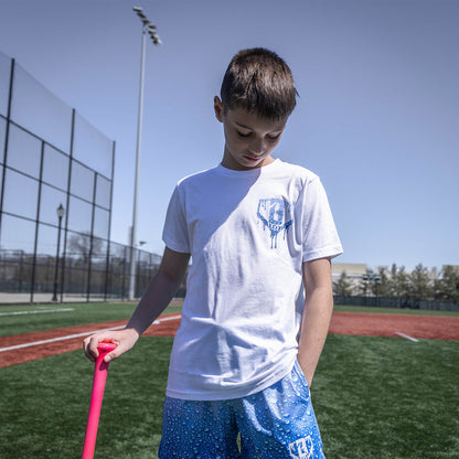 Youth model wearing white Rain Delay youth graphic tee