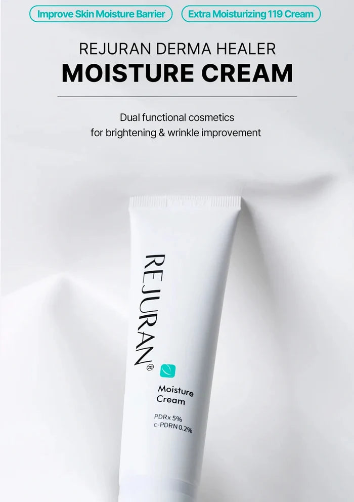 Two tubes of Rejuran Moisture Cream on a white fabric background
