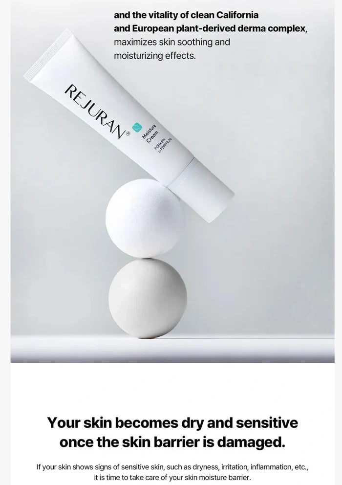 Rejuvenating skincare product with text about skin health and a damaged skin barrier.
