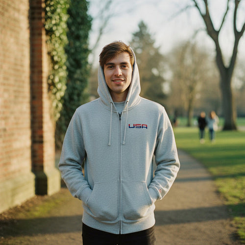 Retro USA Grey Embroidery Valuetainment Performance Full Zip Hoodie