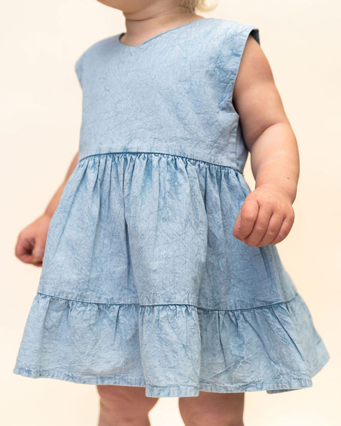 River Soft Denim Washed Baby Dress + Bloomer (Organic) Model