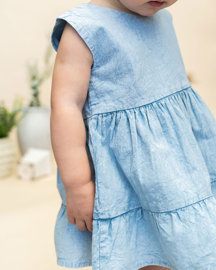 River Soft Denim Washed Baby Dress + Bloomer (Organic) Model Detail