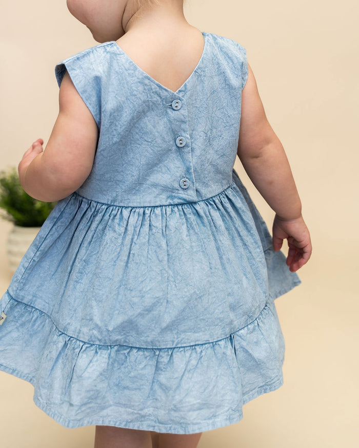 River Soft Denim Washed Baby Dress + Bloomer (Organic) Model Back Detail