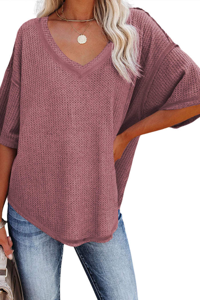 Rose Exposed Seam Drop Sleeve V Neck Waffle Textured Top