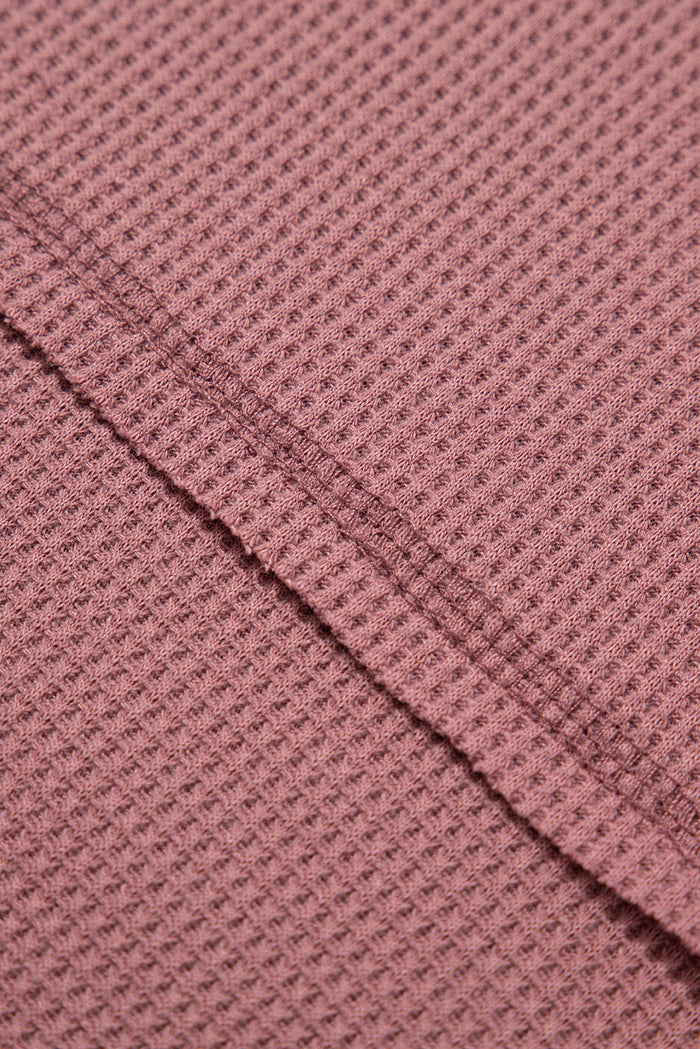 Rose Exposed Seam Drop Sleeve V Neck Waffle Textured Top