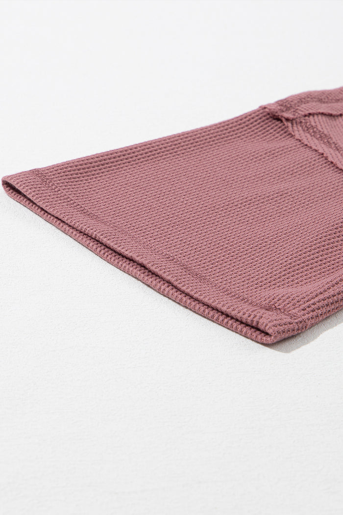 Rose Exposed Seam Drop Sleeve V Neck Waffle Textured Top