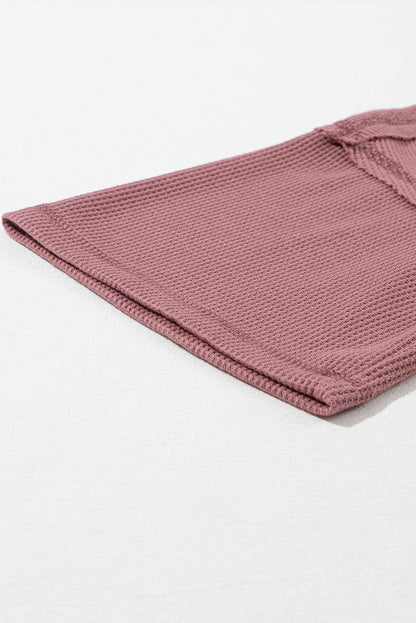 Rose Exposed Seam Drop Sleeve V Neck Waffle Textured Top
