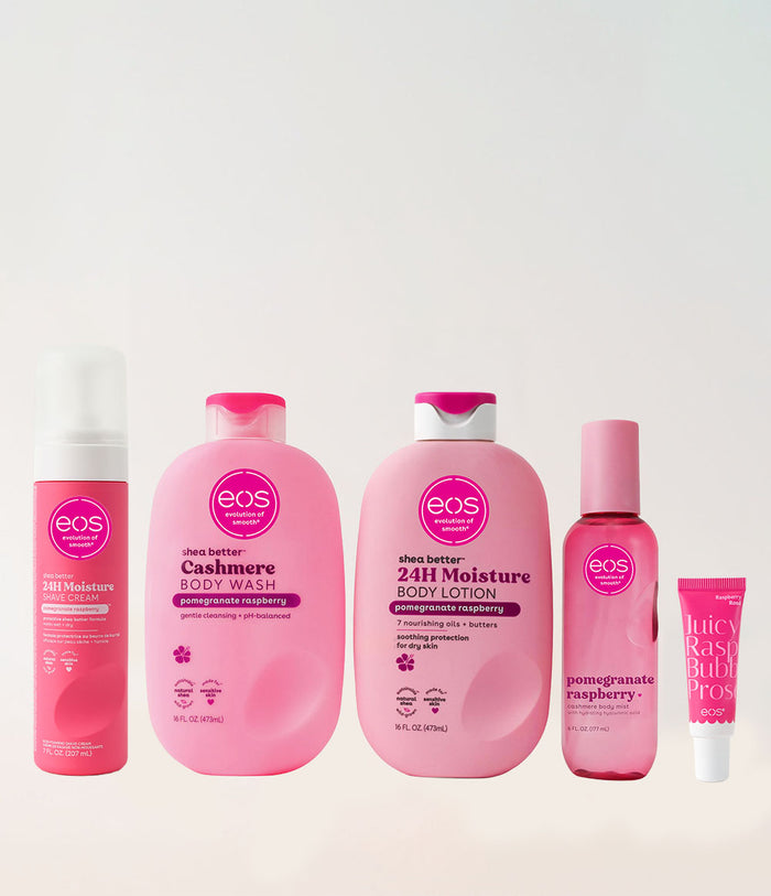Collection of EOS pink skincare products on a white background