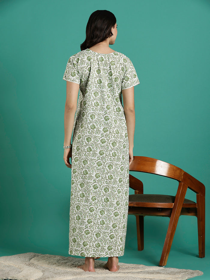 Elegant rose printed pure cotton night dress for women