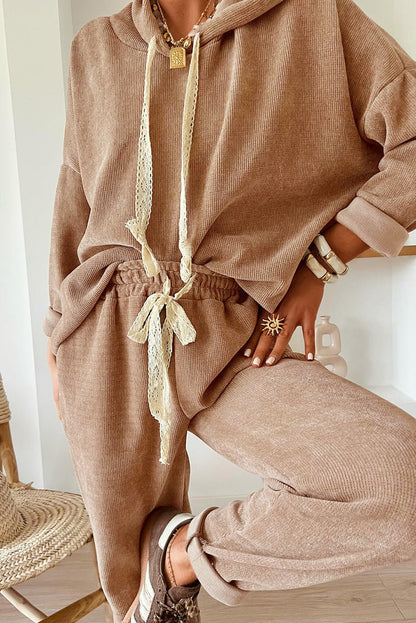 Rose Tan Drawstring Pullover Hoodie and High Waist Pants Corduroy Suit