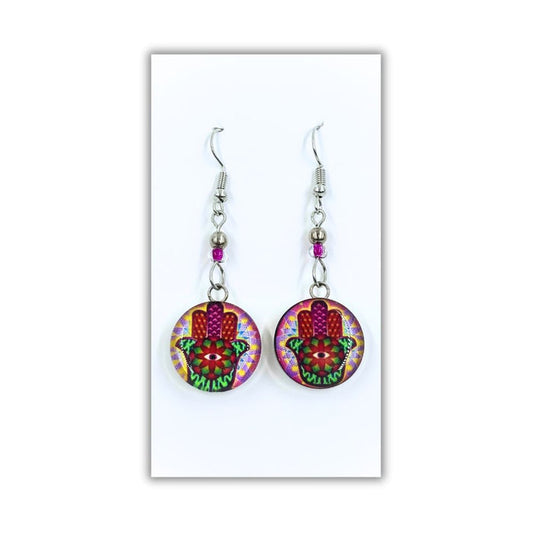 Round Earrings - Red Hamsa