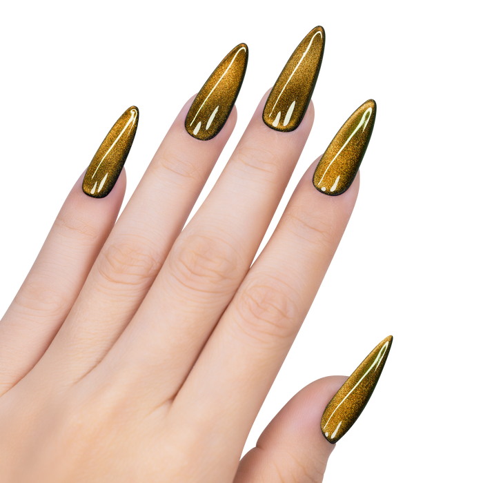 Hand with gold glittery nail polish on a white background