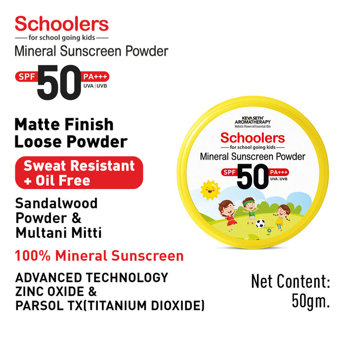 Schoolers Mineral Kids & Baby Sunscreen Powder SPF 50 PA+++, Sweat Resistant, Oil Free - Keya Seth Aromatherapy