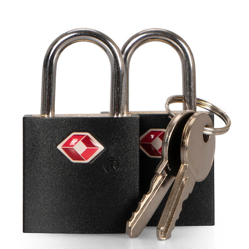 2 closed locks attached to 2 keys with the TSA logo on the front of the locks with white background.
