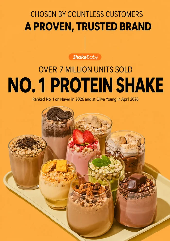 Promotional graphic for ShakeBulby protein shakes, featuring a group of assorted milk-based drinks and smoothies in clear cups on a beige tray against a warm orange background. Large text reads 'CHOSEN BY COUNTLESS CUSTOMERS', 'A PROVEN, TRUSTED BRAND', 'OVER 7 MILLION UNITS SOLD', and 'NO.