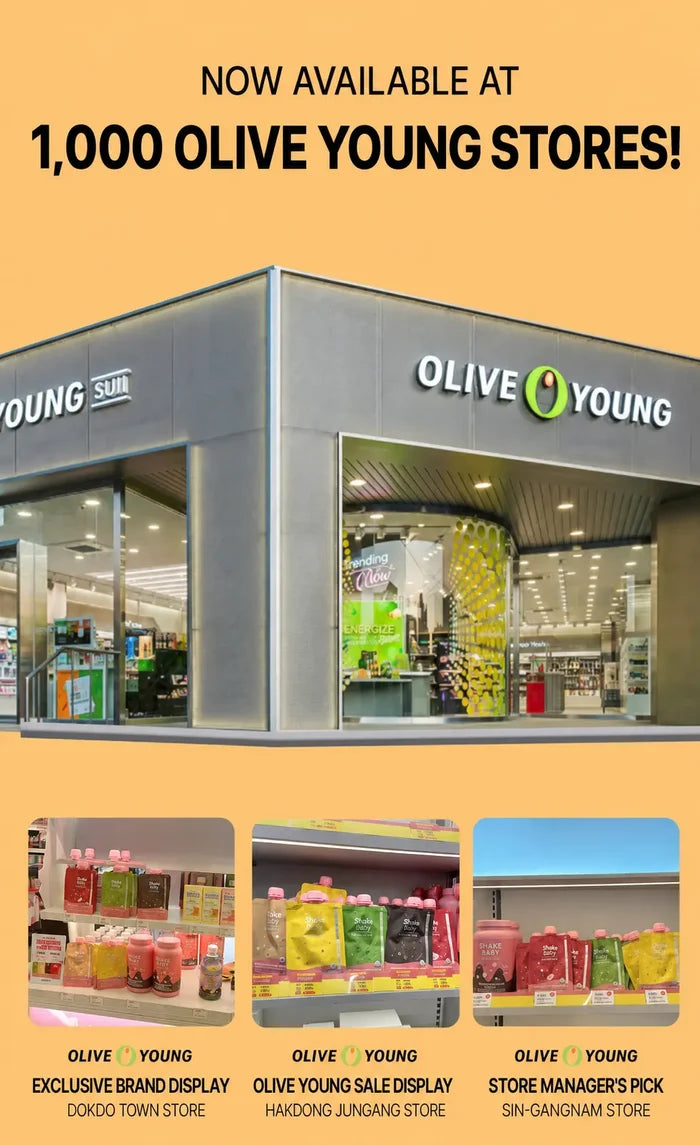Promotional graphic for Olive Young restaurant, showing a storefront on a warm beige background with text reading 'NOW AVAILABLE AT 1,000 OLIVE YOUNG STORES!' and three smaller store display photos along the bottom.
