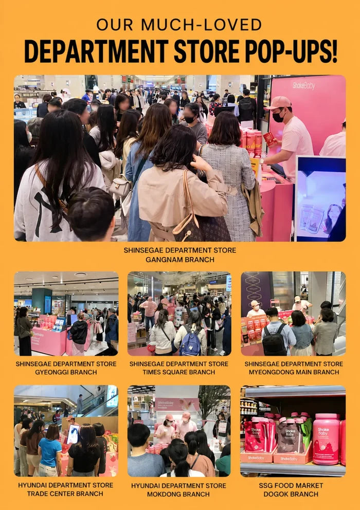 A promotional collage with a large top photo and six smaller photos showing crowded Shinsegae Department Store pop-up events in multiple branches, with headline text at the top reading 'OUR MUCH-LOVED DEPARTMENT STORE POP-UPS!' on an orange background.