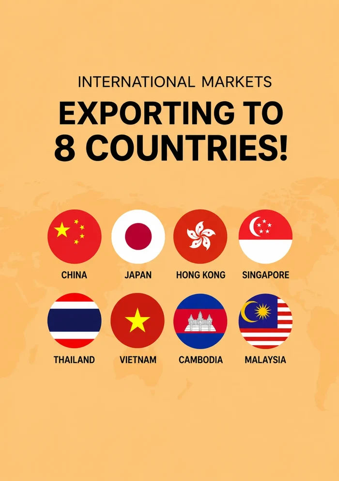 A promotional graphic with the text 'INTERNATIONAL MARKETS EXPORTING TO 8 COUNTRIES!' on a warm beige background, with eight country flags and country names shown below: China, Japan, Hong Kong, Singapore, Thailand, Vietnam, Cambodia, and Malaysia.