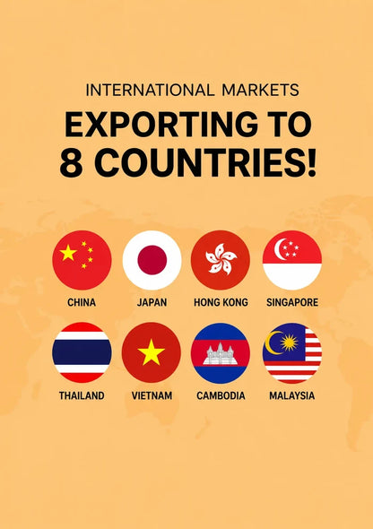 A promotional graphic with the text 'INTERNATIONAL MARKETS EXPORTING TO 8 COUNTRIES!' on a warm beige background, with eight country flags and country names shown below: China, Japan, Hong Kong, Singapore, Thailand, Vietnam, Cambodia, and Malaysia.