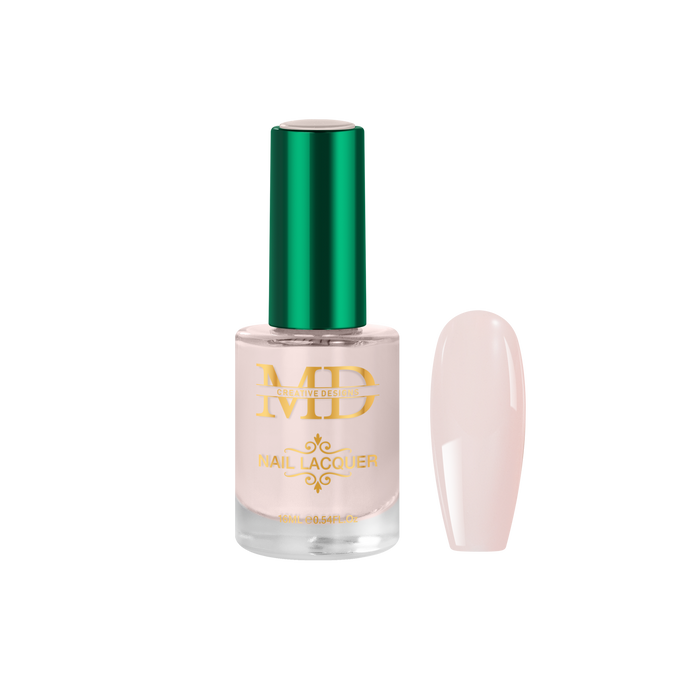 Nail polish bottle with green cap and gold text on a white background