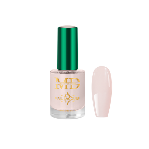 Nail polish bottle with green cap and gold text on a white background