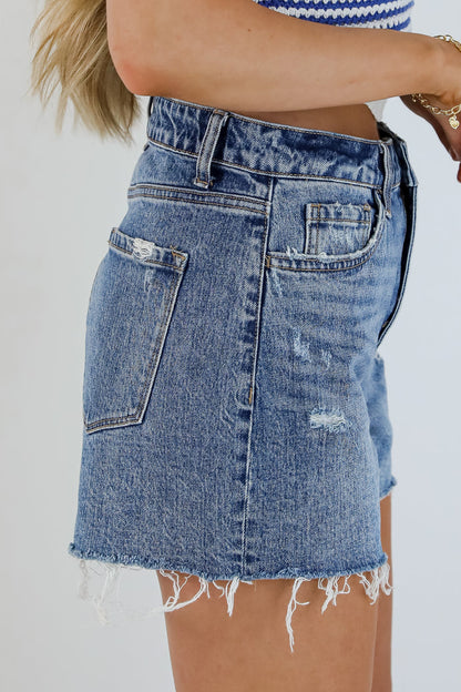 Sienna Medium Wash Super High-Rise Distressed Denim Shorts