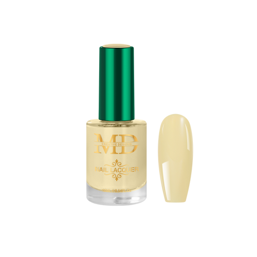 Nail polish bottle with green cap and yellow nail tip color swatch on a white background