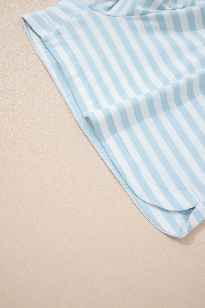 Sky Blue Stripe Contrast Neck Loose Tee and Drawstring Shorts Set