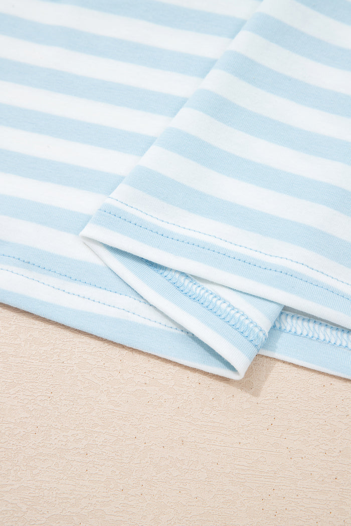 Sky Blue Stripe Contrast Neck Loose Tee and Drawstring Shorts Set