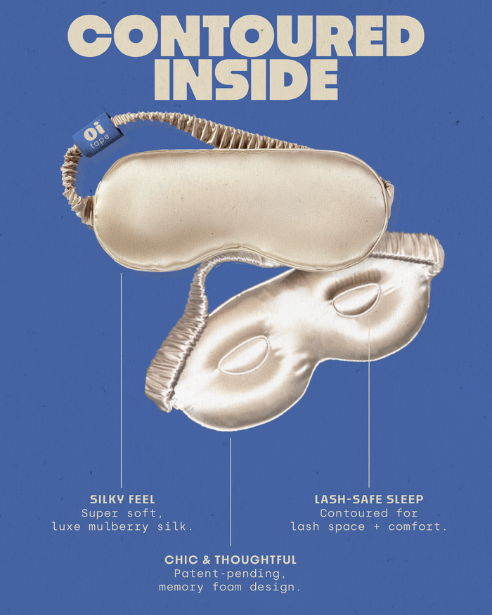 Oi Tape silk sleep mask with feature callouts: lash-safe contoured design, memory-foam interior, mulberry silk material.