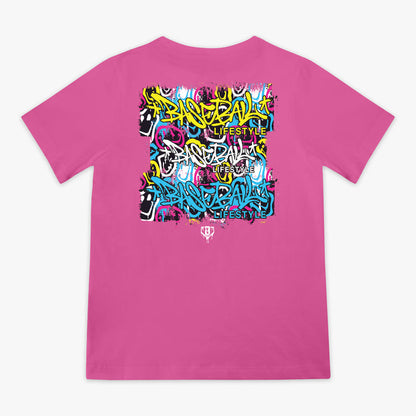 Pink youth graphic tee with “Smiley Slugger” design — back view