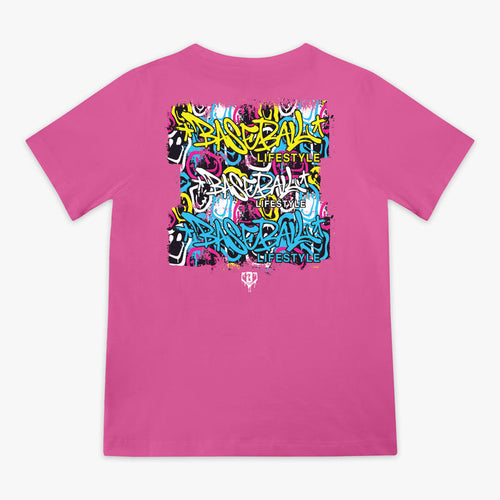 Pink youth graphic tee with “Smiley Slugger” design — back view