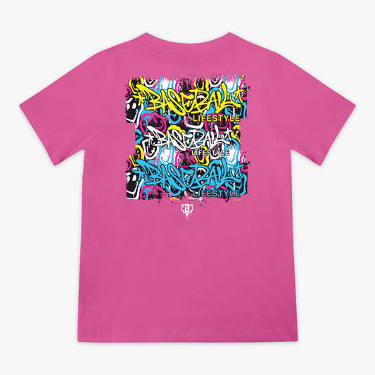 Pink youth graphic tee with “Smiley Slugger” design — back view