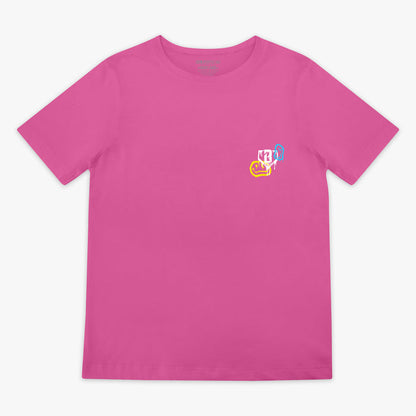 Pink youth graphic tee with “Smiley Slugger” design — front view