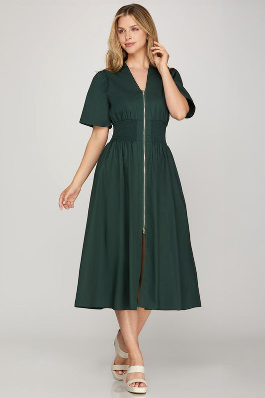 Smocked Zip Midi Dress by She + Sky