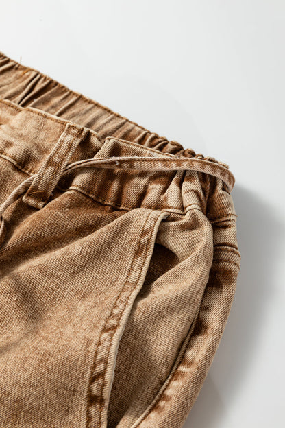 Smoke Gray Acid Wash Barrel Fit Denim Pants with Waist String
