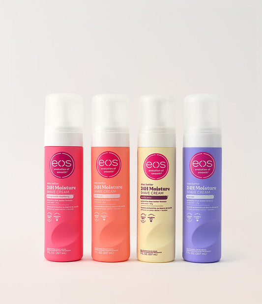 Four eos shave cream bottles in different colors on a white background