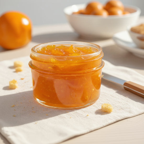 Jar of orange marmalade on a light cloth with a knife and more marmalade pieces.