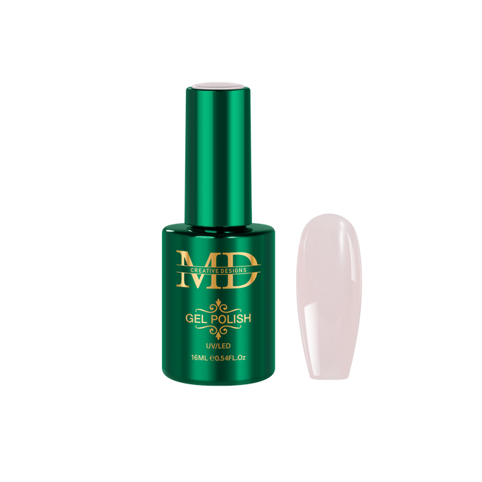 Green gel polish bottle with a white nail tip color swatch on a white background