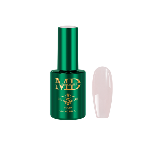 Green gel polish bottle with a white nail tip color swatch on a white background