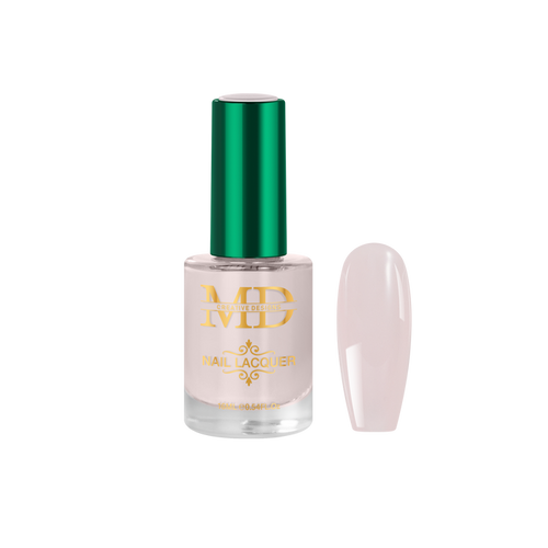 Nail polish bottle with green cap and gold text on a white background