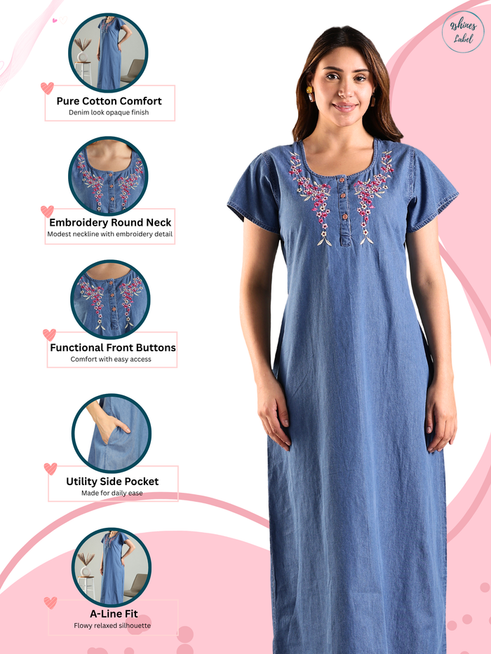 Soft Denim Sky Blue Nighty with Pink Floral Embroidery Maxi Length