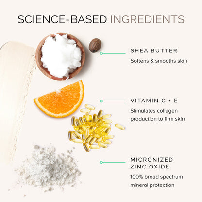 Science-based ingredients with shea butter, vitamin C+E, and micronized zinc oxide
