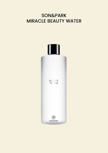 White bottle of SON&PARK Miracle Beauty Water on a beige background