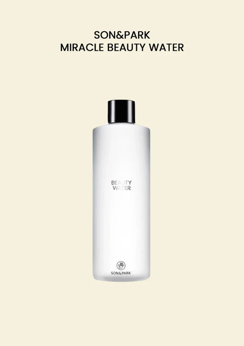 White bottle of SON&PARK Miracle Beauty Water on a beige background