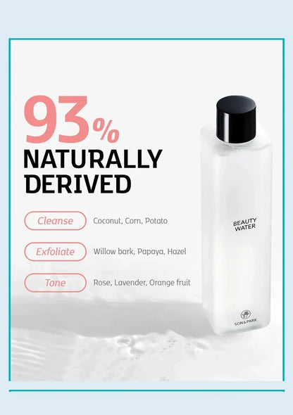 Beauty water bottle with ingredients listed on a light blue background
