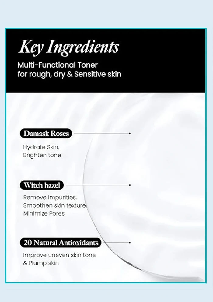 Multifunctional toner packaging with key ingredients on a light blue background