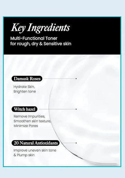 Multifunctional toner packaging with key ingredients on a light blue background