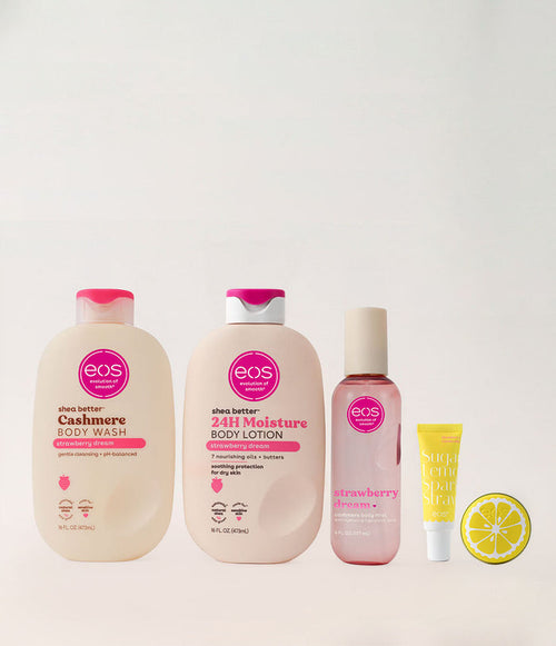 Collection of EOS skincare products on a white background