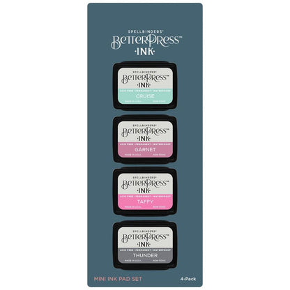 Spellbinders - BetterPress Letterpress Mini Ink Pad Set - 4/Pkg - Jet Set. Jet Set BetterPress Ink Mini Set includes four 1.25 x 1.75-inch ink pads in colors of Garnet, Taffy, Cruise, and Thunder for rich, vibrant hues reminiscent of summer vacations. Available at Embellish Away located in Bowmanville Ontario Canada.